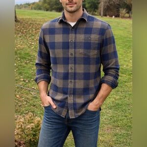 Flannel Button-Down Navy & Green Checkered Denim & Flower Shirt Mens Size Medium